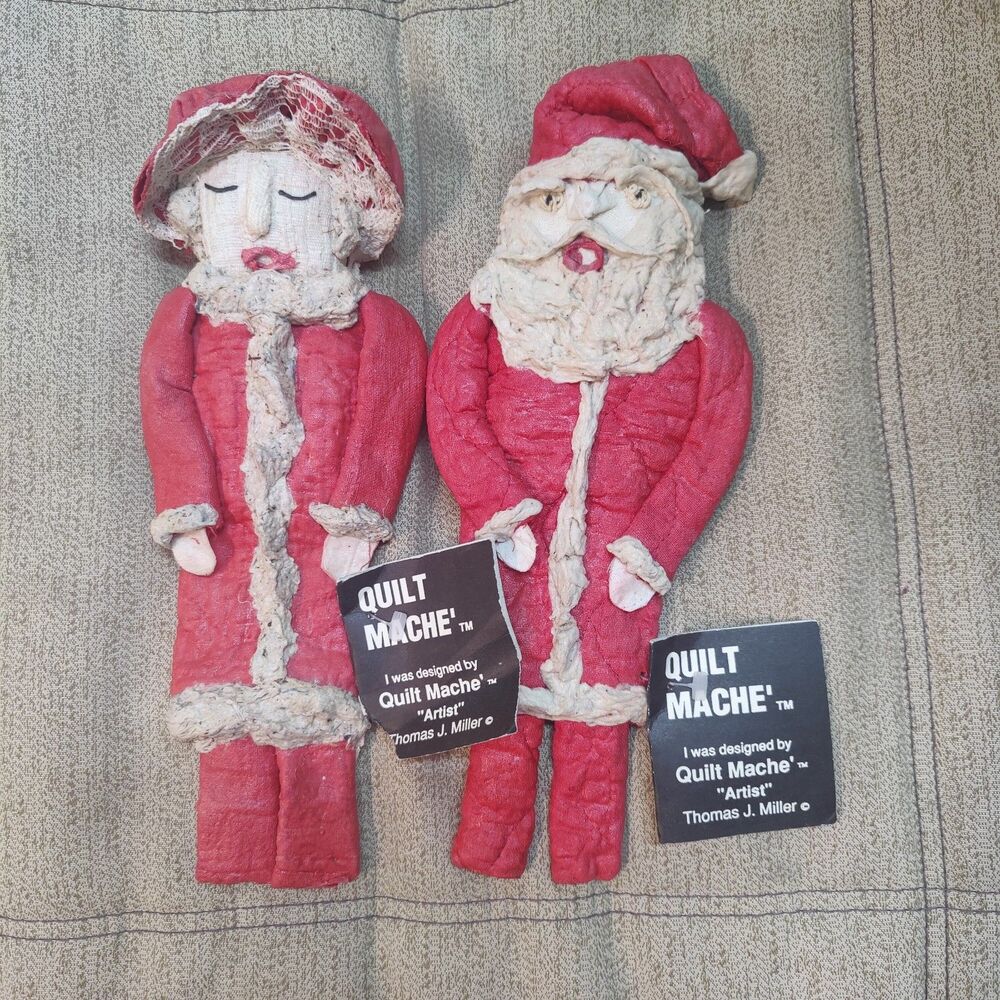 VTG Thomas J Miller Quilt Mache Santa & Mrs Claus Doll Set Folk Art Primitive